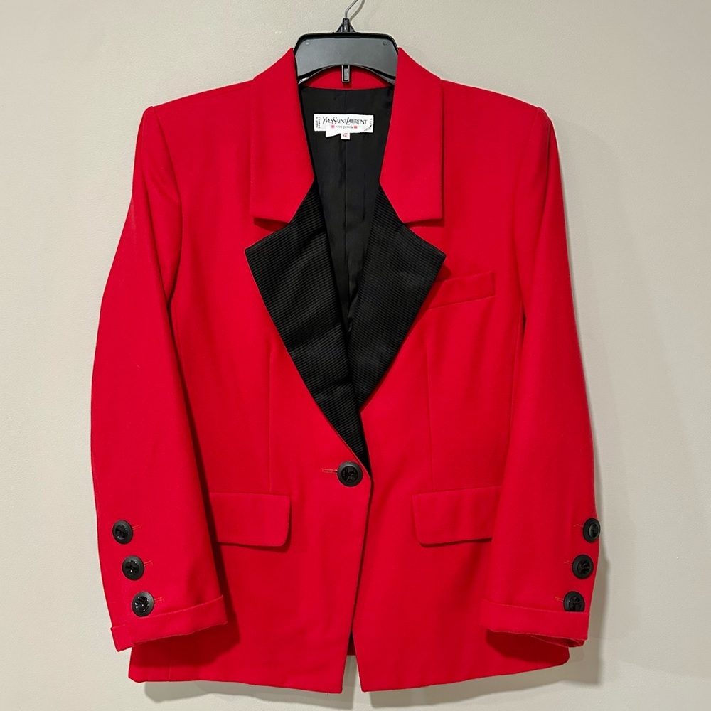 Vintage Yves Saint Laurent Red Wool Tuxedo Blazer Size US 6 Rive Gauche Silk - Picture 3 of 6